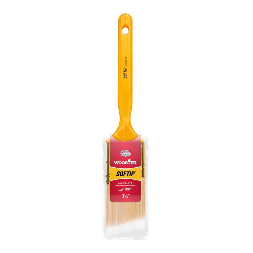 A 1.5-inch Wooster Softip brush with white nylon and gold polyester bristles is shown vertically on a white background. Ideal for precision painting, this yellow-handled brush is labeled for use with all paints.